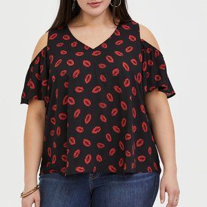 Torrid Lip Print Georgette Flutter Sleeve Cold Shoulder Blouse Size 4X
